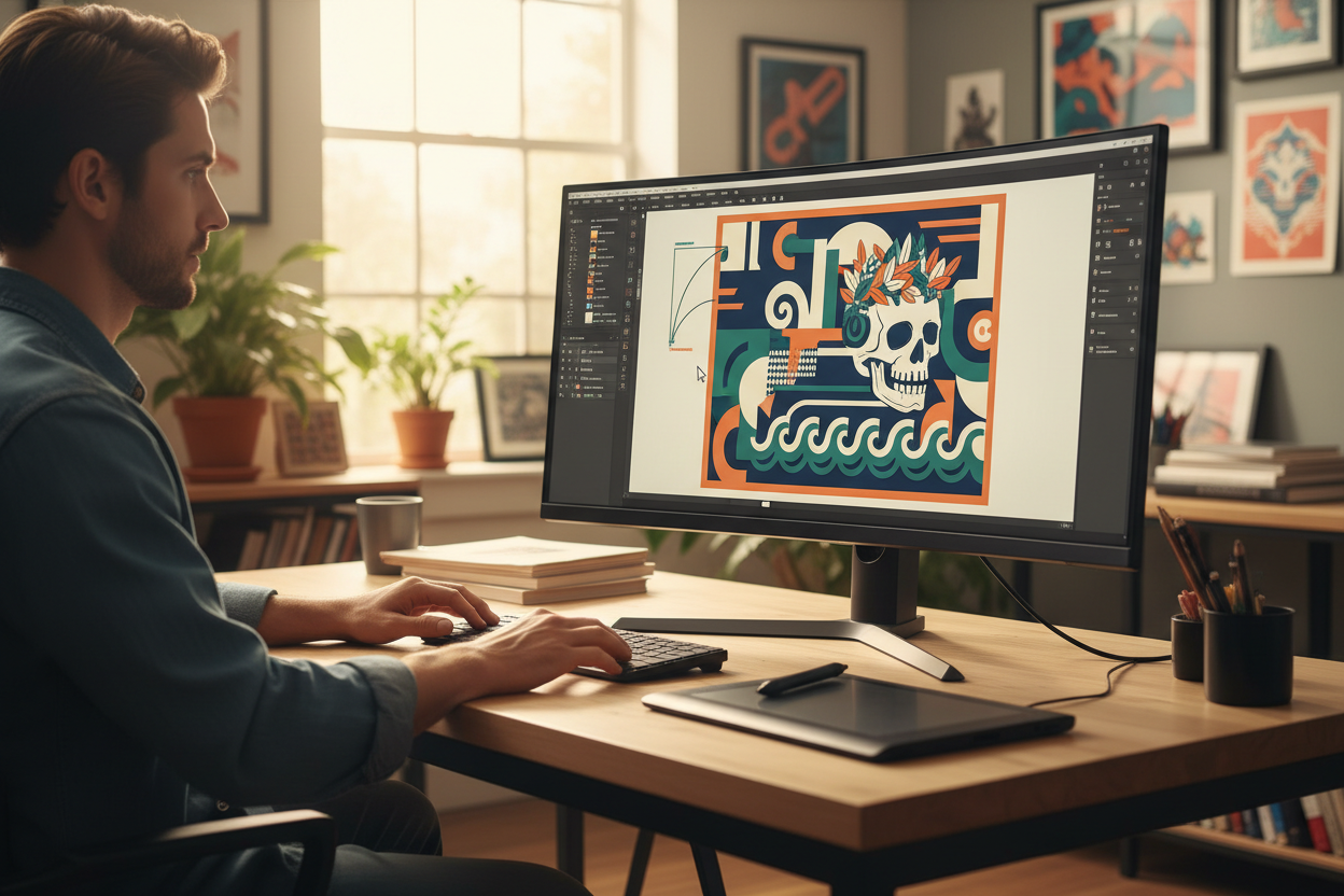 Designer at desk with monitor