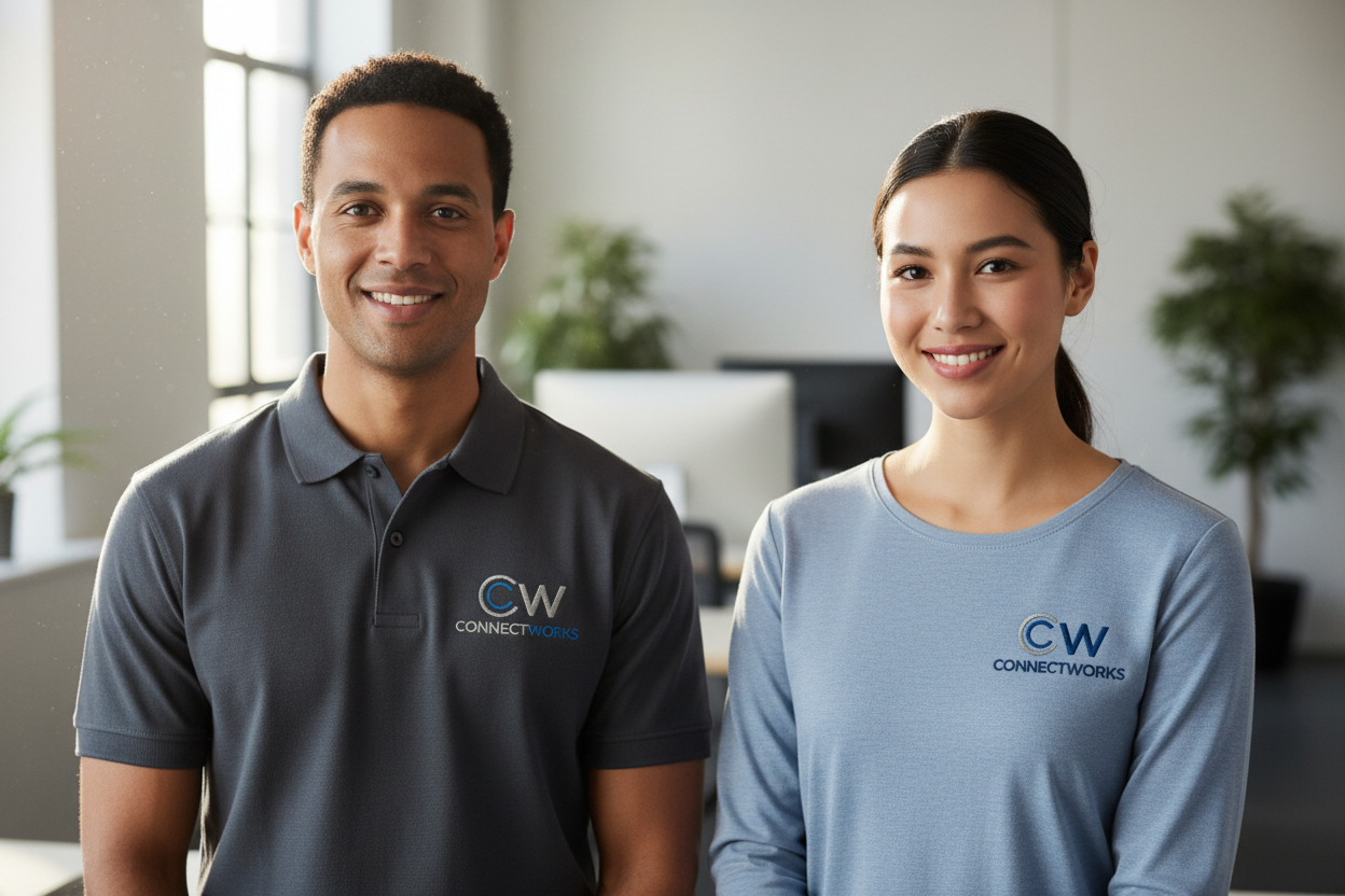 Wide Banner — Two Employees Matching Branded Uniforms